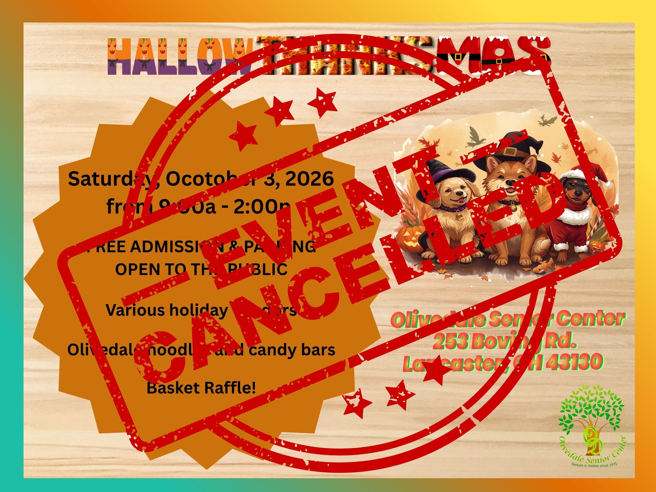 HallowThanksMas Craft Bazaar poster for Saturday, October 3, 2026, stamped Event Cancelled