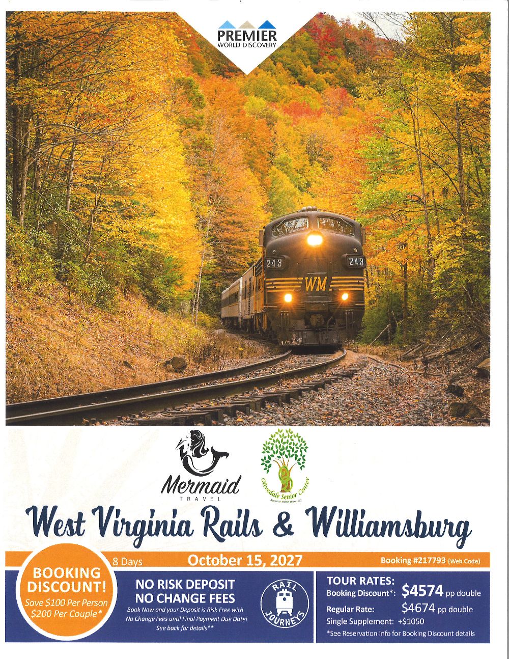 West Virginia Rails and Williamsburg trip flier showing a train in fall foliage